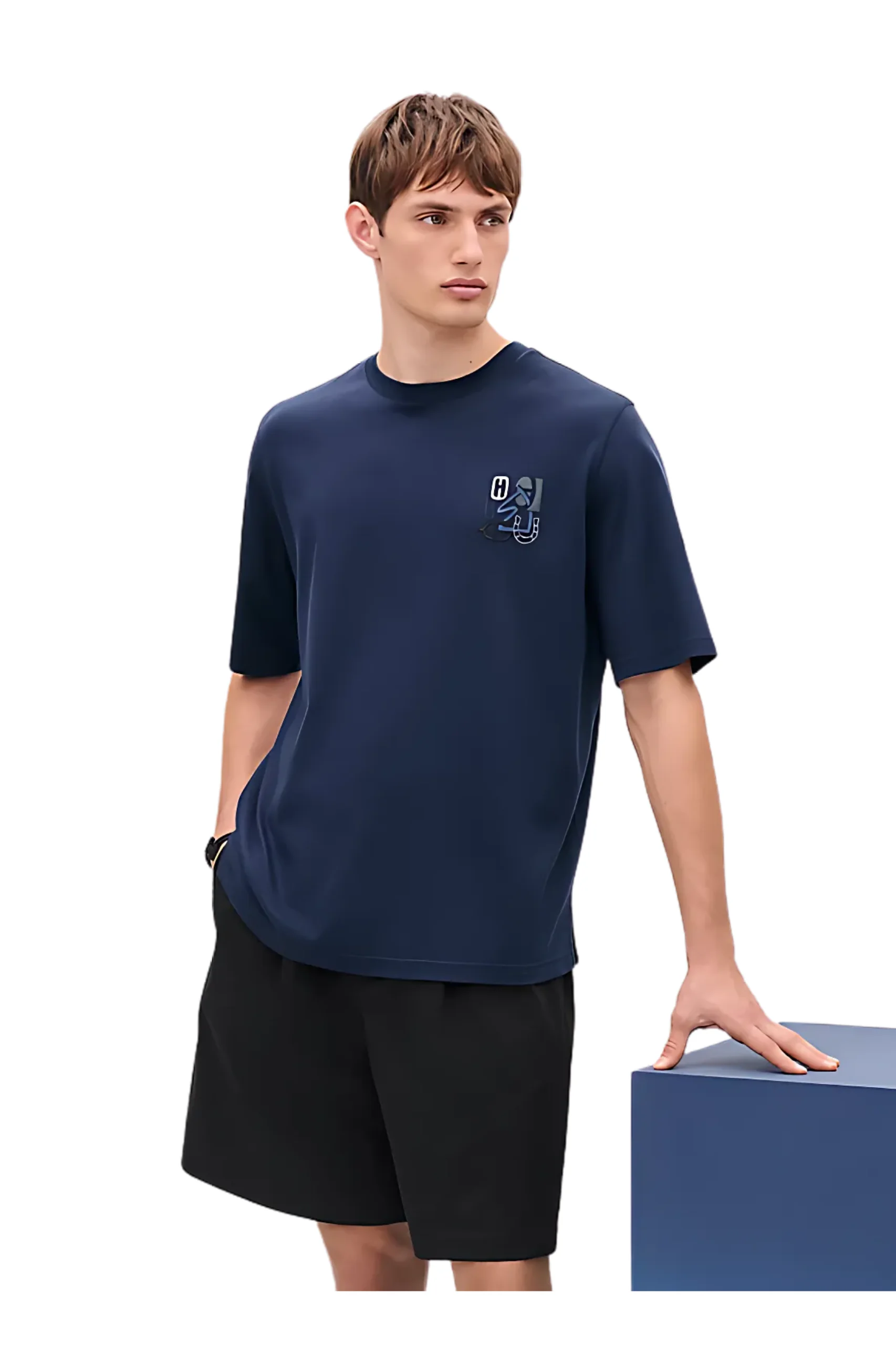 Hermès H Puzzle T-Shirt mit Lederdetail in Océan